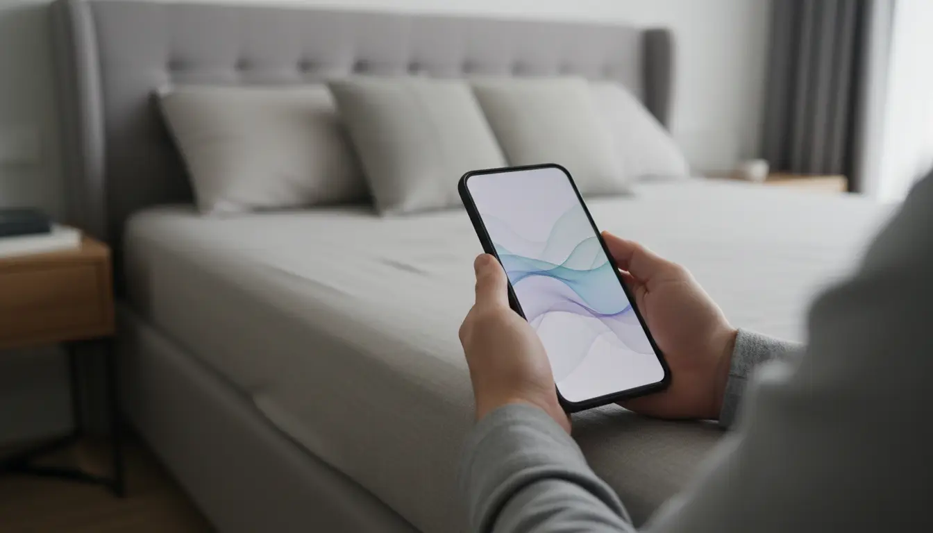 Akıllı yatağın uyku takibi verisini sabah telefondan inceleyen kişi