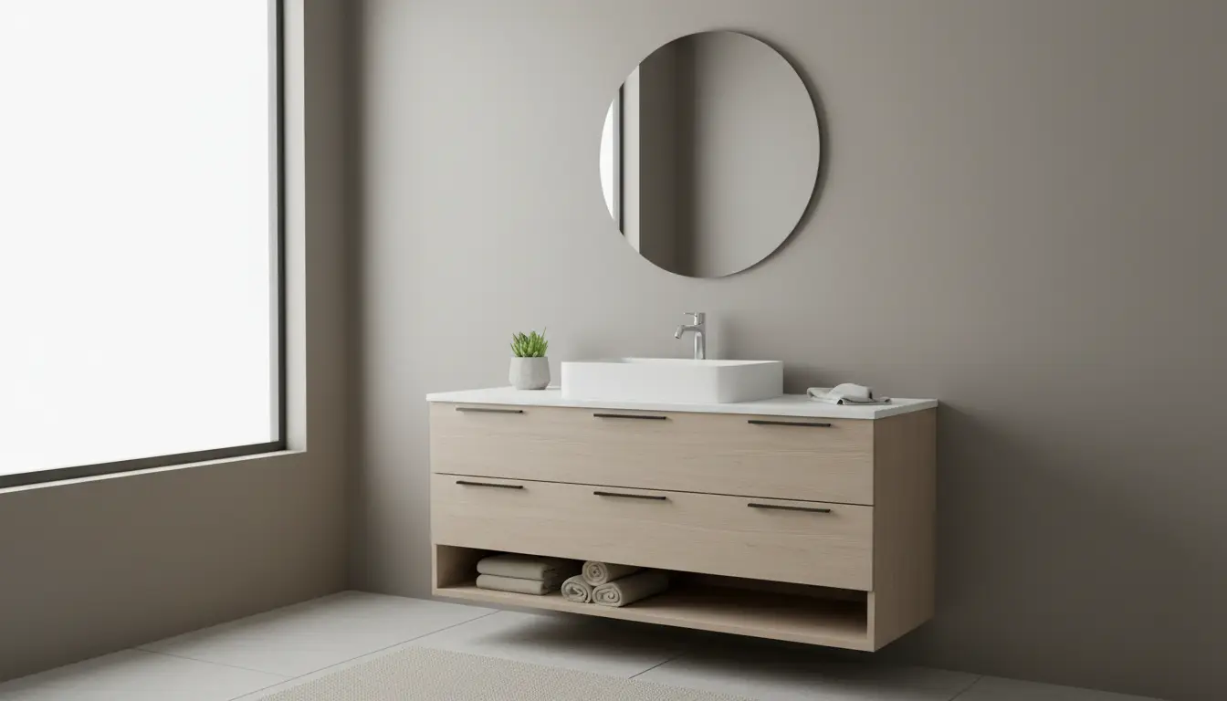 Gri ve bejin yakın açıklıkta buluştuğu tek renge yakın banyo