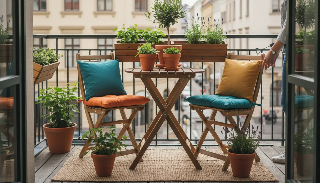 Katlanır set ve saksılarla küçük balkon