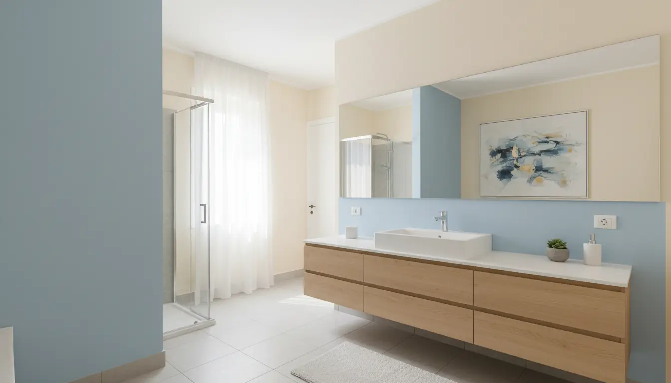 Fayansla aynı alt tonda krem ve açık mavi duvar boyalı banyo