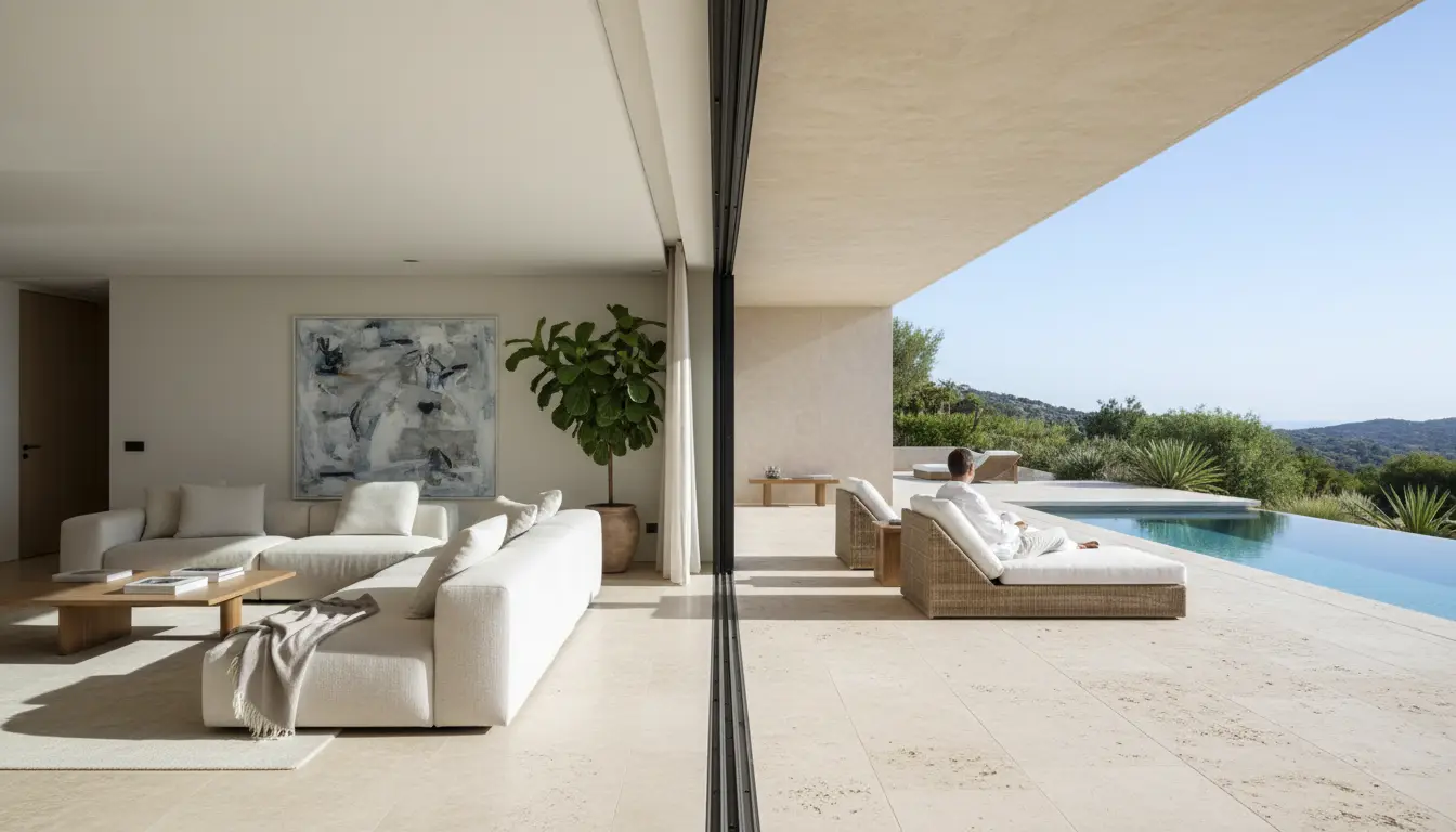 Terasa sürgülü camla açılan, zemini dışarıda devam eden villa salonu