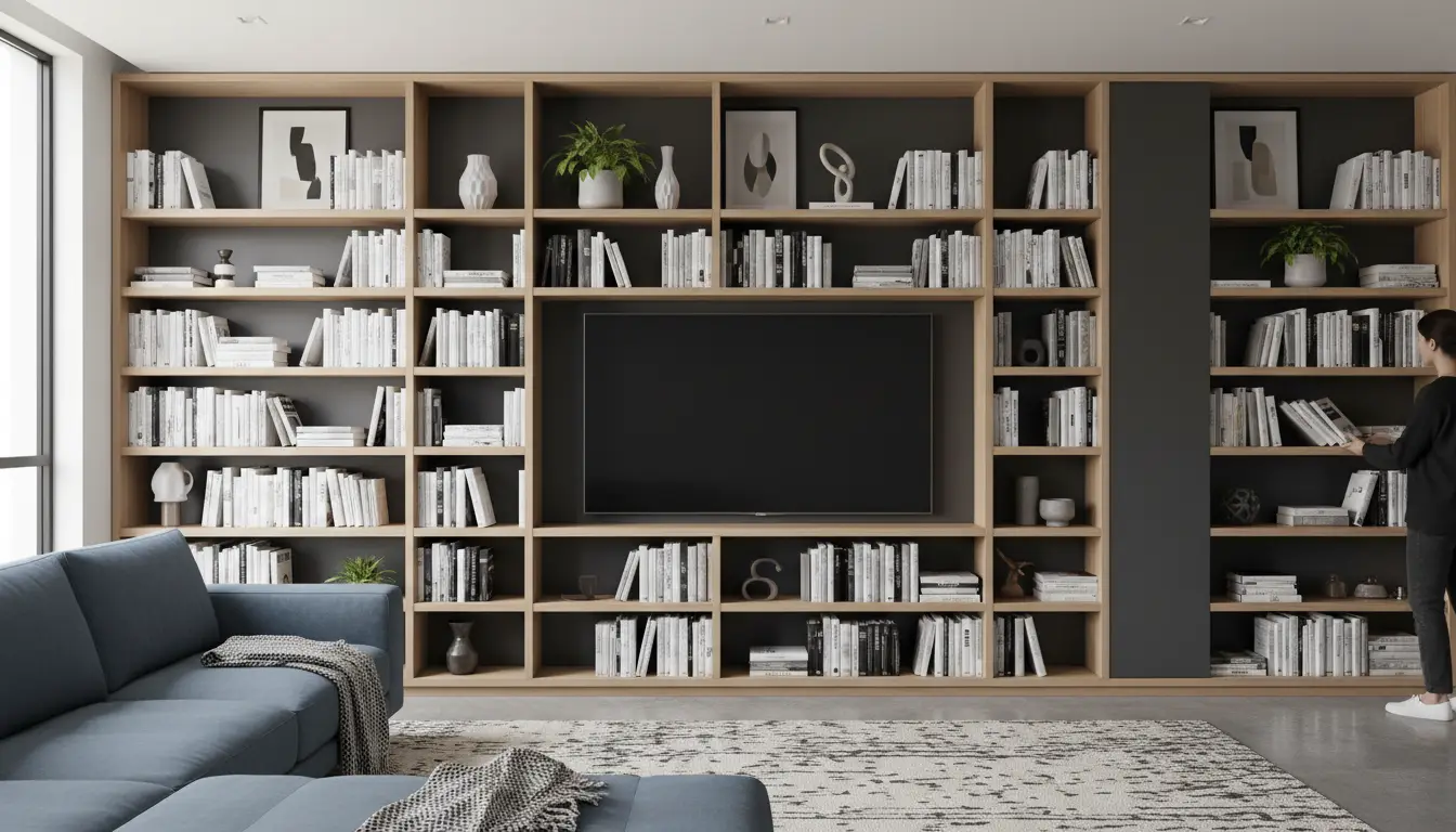 Ortasında ekran boşluğu, yanlarında açık rafları olan TV ünitesiyle birleşik salon kitaplığı